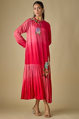 Red Crepe Chiffon Garden Embroidered Midi Flapper Dress by Half Full Curve
