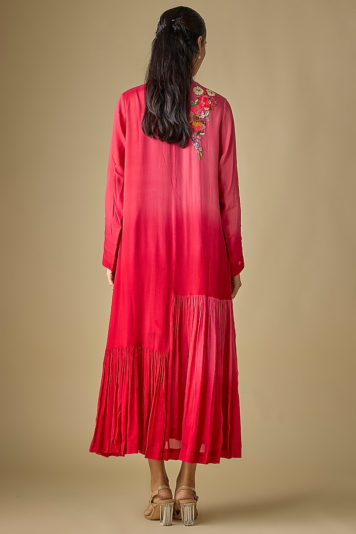 Red Crepe Chiffon Garden Embroidered Midi Flapper Vacation Dress by Half Full Curve at Pernia's Pop Up Shop