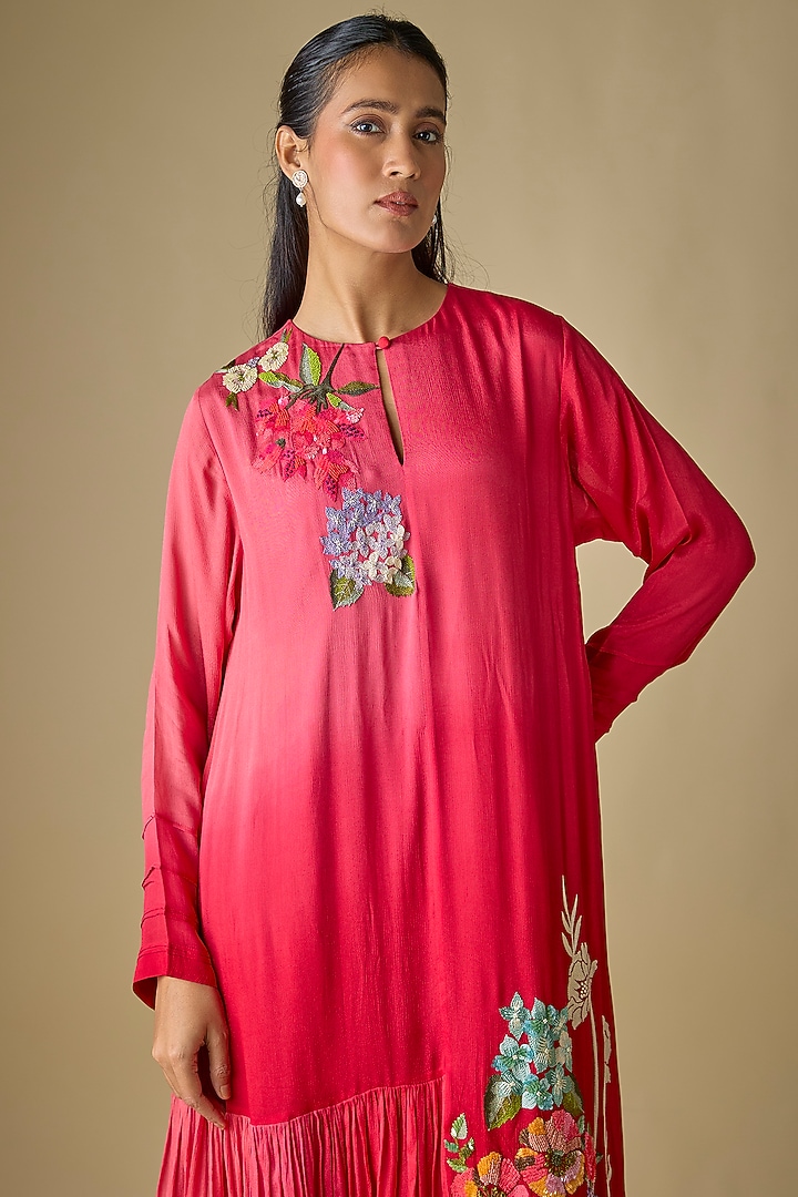 Red Crepe Chiffon Garden Embroidered Midi Flapper Vacation Dress by Half Full Curve at Pernia's Pop Up Shop