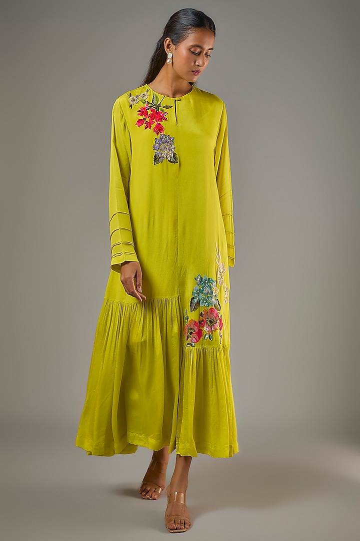 Green Crepe Chiffon Hand Embroidered Flapper Midi Vacation Dress by Half Full Curve at Pernia's Pop Up Shop