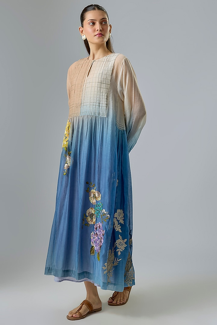 Blue Fine Chanderi Embroidered Cocktail Dress by Half Full Curve at Pernia's Pop Up Shop