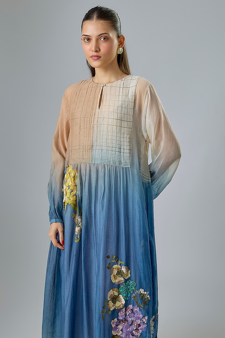 Blue Fine Chanderi Embroidered Cocktail Dress by Half Full Curve at Pernia's Pop Up Shop