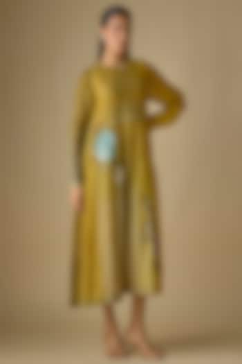 Yellow Fine Chanderi Blossom Embroidered Midi Gathered Cocktail Dress by Half Full Curve at Pernia's Pop Up Shop