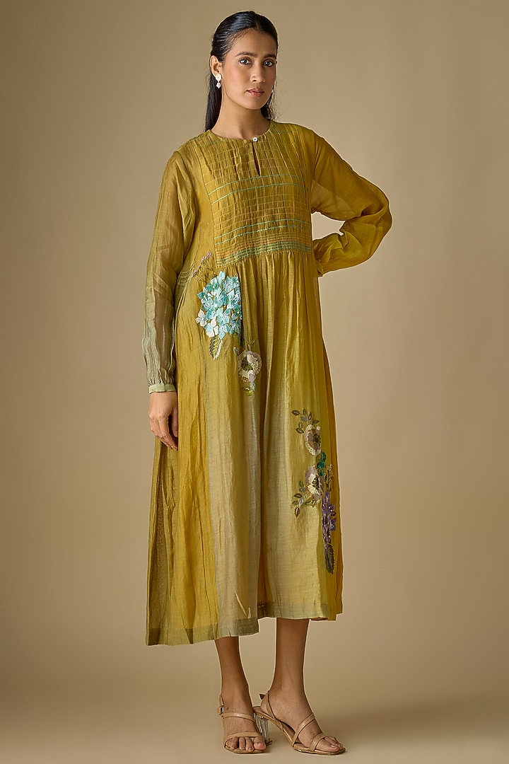 Yellow Fine Chanderi Blossom Embroidered Midi Gathered Cocktail Dress by Half Full Curve at Pernia's Pop Up Shop