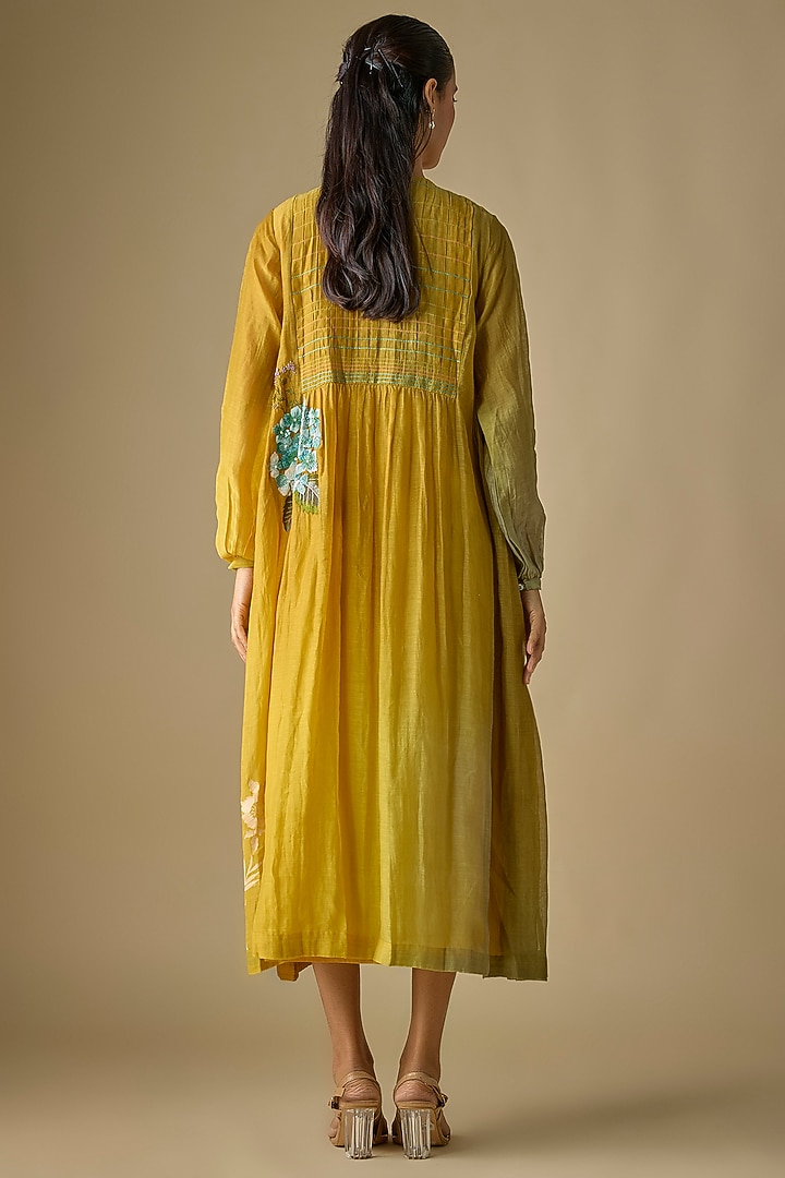 Yellow Fine Chanderi Blossom Embroidered Midi Gathered Cocktail Dress by Half Full Curve at Pernia's Pop Up Shop