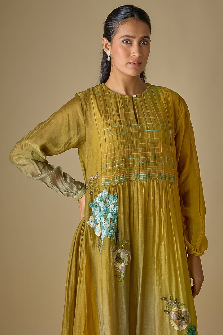 Yellow Fine Chanderi Blossom Embroidered Midi Gathered Cocktail Dress by Half Full Curve at Pernia's Pop Up Shop