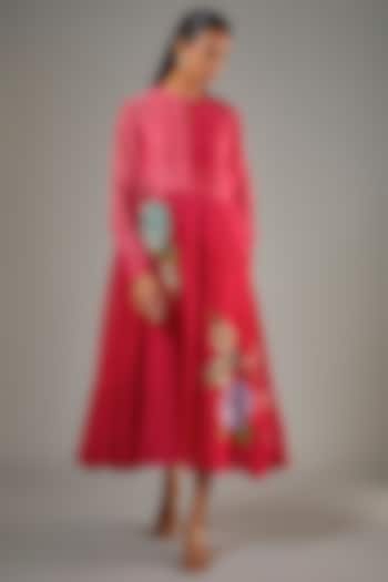 Red Fine Chanderi Hand Embroidered Midi Cocktail Dress by Half Full Curve at Pernia's Pop Up Shop