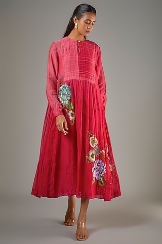 Red Fine Chanderi Hand Embroidered Midi Dress by Half Full Curve