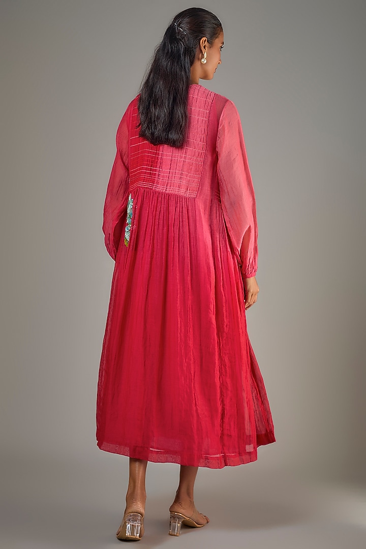 Red Fine Chanderi Hand Embroidered Midi Cocktail Dress by Half Full Curve at Pernia's Pop Up Shop