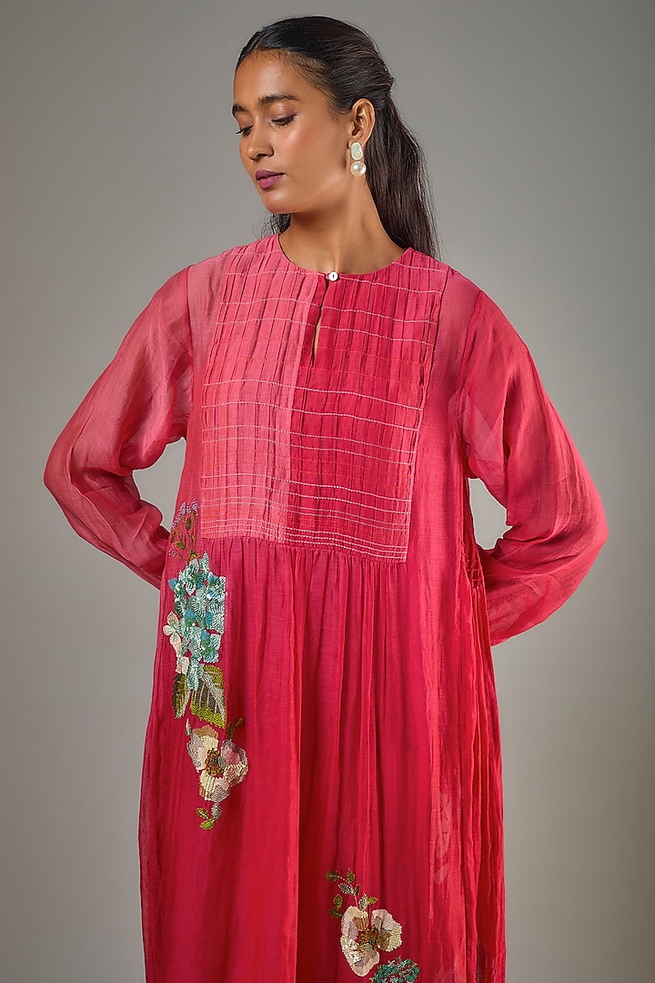 Red Fine Chanderi Hand Embroidered Midi Cocktail Dress by Half Full Curve at Pernia's Pop Up Shop
