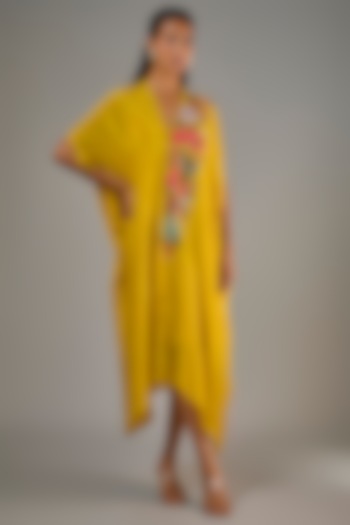 Yellow Crepe Chiffon Hand Embroidered Draped Kaftan by Half Full Curve at Pernia's Pop Up Shop