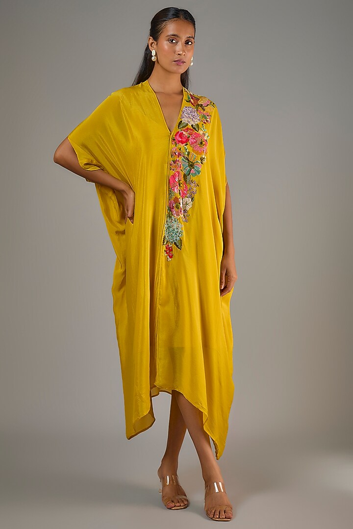 Yellow Crepe Chiffon Hand Embroidered Draped Kaftan by Half Full Curve at Pernia's Pop Up Shop
