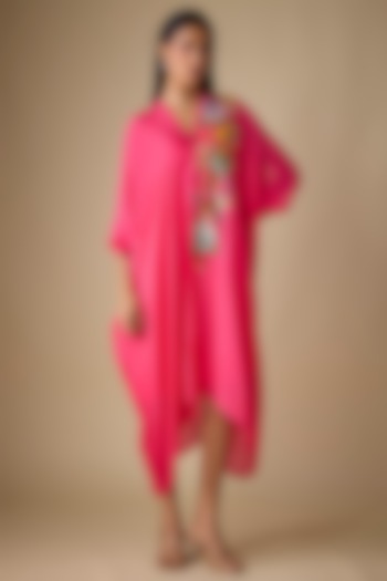 Pink Crepe Chiffon Garden Embroidered Draped Midi Vacation Dress by Half Full Curve at Pernia's Pop Up Shop