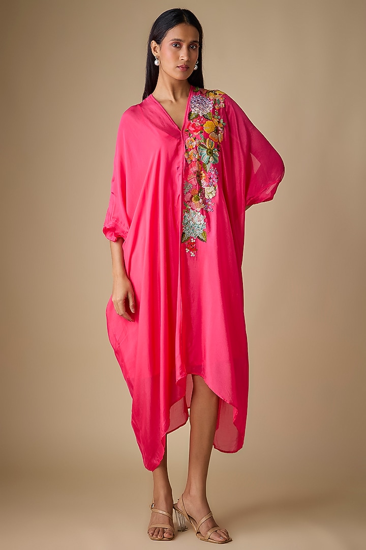 Pink Crepe Chiffon Garden Embroidered Draped Midi Vacation Dress by Half Full Curve at Pernia's Pop Up Shop
