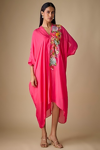 Pink Crepe Chiffon Garden Embroidered Draped Midi Dress by Half Full Curve
