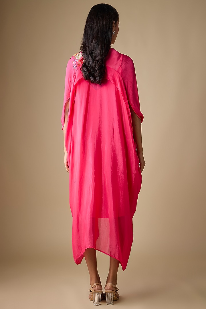 Pink Crepe Chiffon Garden Embroidered Draped Midi Vacation Dress by Half Full Curve at Pernia's Pop Up Shop