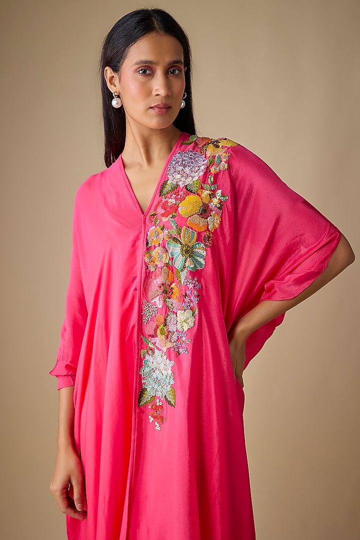 Pink Crepe Chiffon Garden Embroidered Draped Midi Vacation Dress by Half Full Curve at Pernia's Pop Up Shop