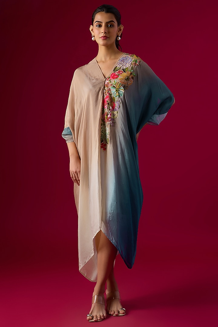 Blue Crepe Chiffon Embroidered Draped Vacation Dress by Half Full Curve at Pernia's Pop Up Shop