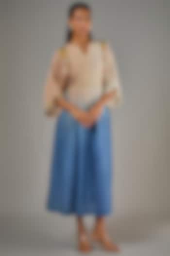 Blue Fine Chanderi Hand Embroidered Midi Cocktail Dress by Half Full Curve at Pernia's Pop Up Shop