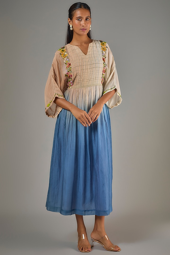 Blue Fine Chanderi Hand Embroidered Midi Cocktail Dress by Half Full Curve at Pernia's Pop Up Shop