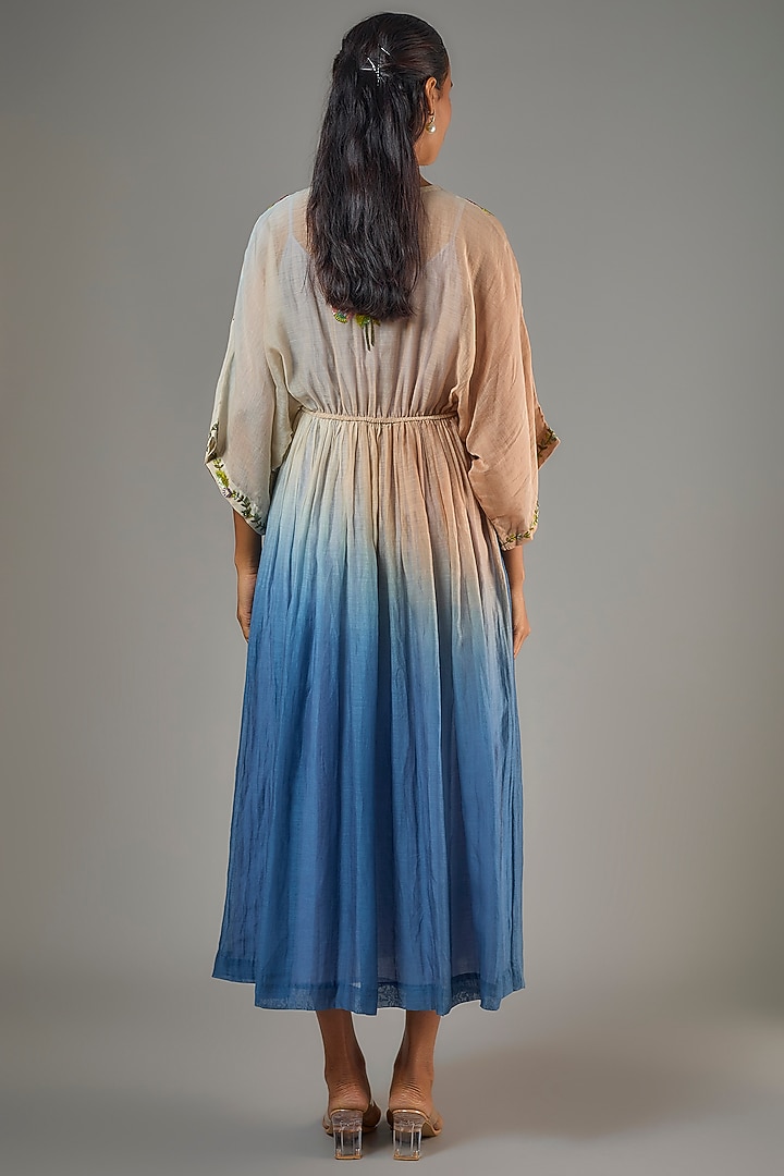 Blue Fine Chanderi Hand Embroidered Midi Cocktail Dress by Half Full Curve at Pernia's Pop Up Shop
