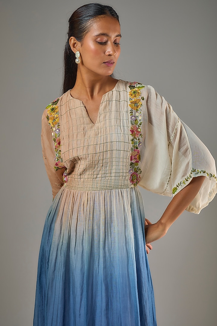 Blue Fine Chanderi Hand Embroidered Midi Cocktail Dress by Half Full Curve at Pernia's Pop Up Shop