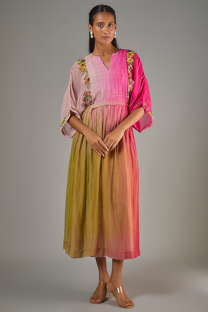 Pink Fine Chanderi Hand Embroidered Midi Cocktail Dress by Half Full Curve at Pernia's Pop Up Shop