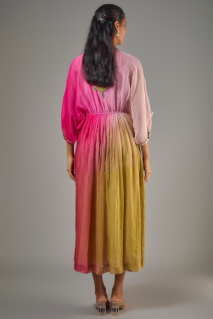 Pink Fine Chanderi Hand Embroidered Midi Cocktail Dress by Half Full Curve at Pernia's Pop Up Shop