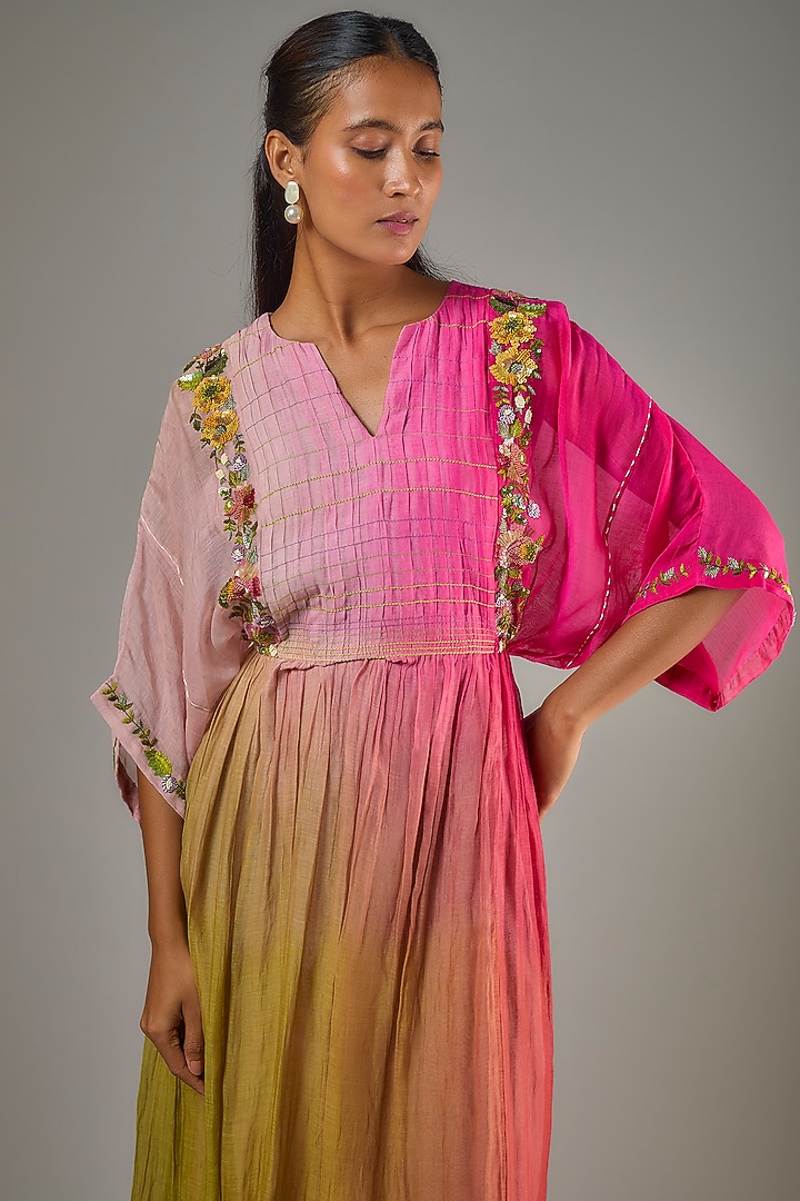Pink Fine Chanderi Hand Embroidered Midi Cocktail Dress by Half Full Curve at Pernia's Pop Up Shop