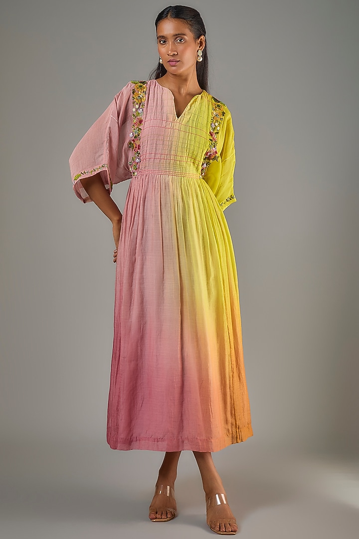 Yellow Fine Chanderi Hand Embroidered Midi Cocktail Dress by Half Full Curve at Pernia's Pop Up Shop