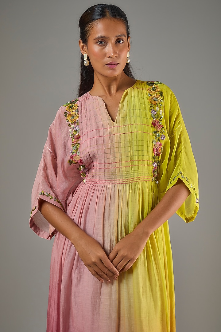 Yellow Fine Chanderi Hand Embroidered Midi Cocktail Dress by Half Full Curve at Pernia's Pop Up Shop