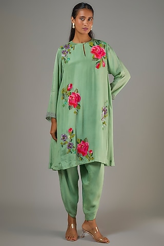 Green Crepe Chiffon Hand Embroidered Short Kurta Set by Half Full Curve