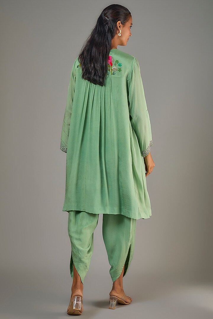 Green Crepe Chiffon Hand Embroidered Short Kurta Set by Half Full Curve at Pernia's Pop Up Shop