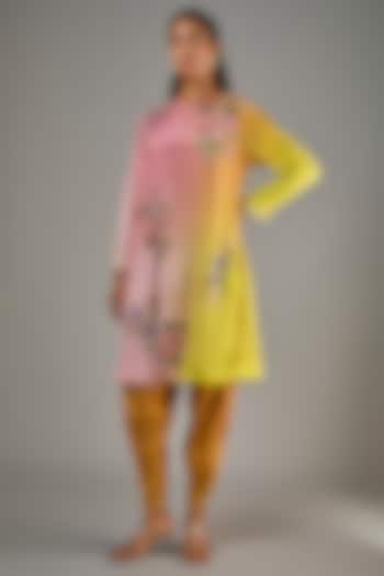 Pink Crepe Chiffon Hand Embroidered Short Kurta Set by Half Full Curve at Pernia's Pop Up Shop