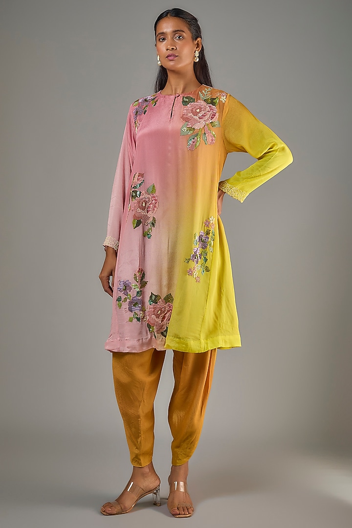 Pink Crepe Chiffon Hand Embroidered Short Kurta Set by Half Full Curve at Pernia's Pop Up Shop