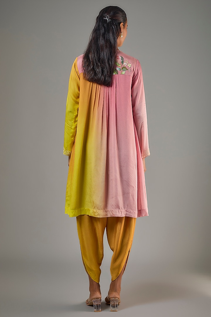 Pink Crepe Chiffon Hand Embroidered Short Kurta Set by Half Full Curve at Pernia's Pop Up Shop