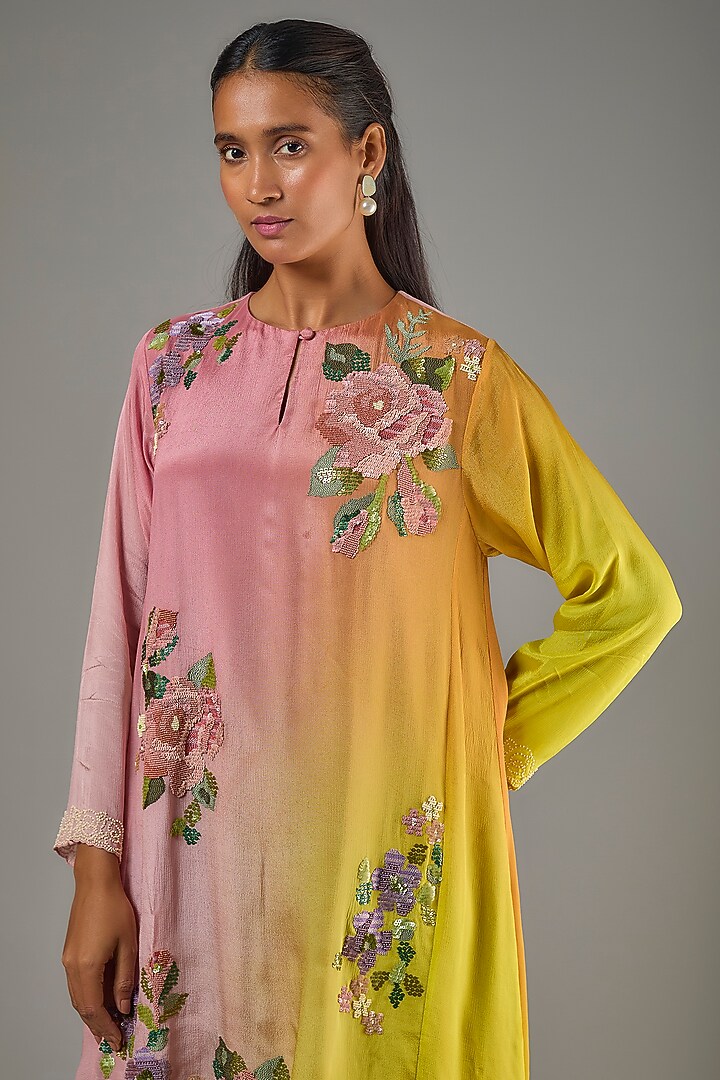 Pink Crepe Chiffon Hand Embroidered Short Kurta Set by Half Full Curve at Pernia's Pop Up Shop