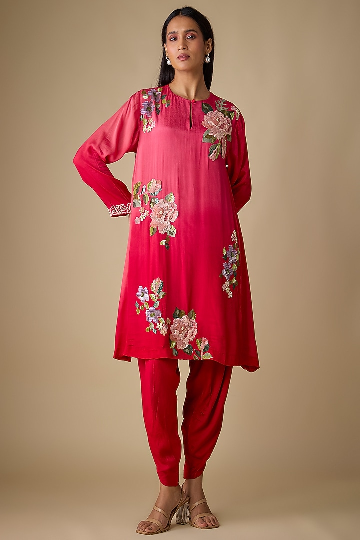 Red Crepe Chiffon Floral Embroidered Kurta Set by Half Full Curve at Pernia's Pop Up Shop