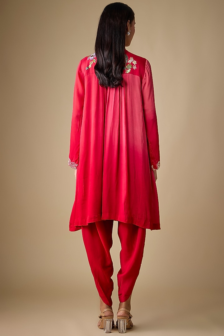 Red Crepe Chiffon Floral Embroidered Kurta Set by Half Full Curve at Pernia's Pop Up Shop