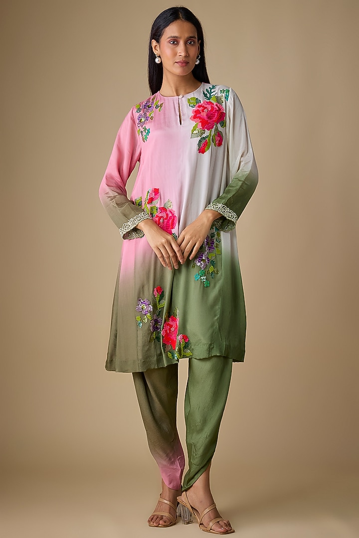 Multi-Colored Crepe Chiffon Floral Embroidered Kurta Set by Half Full Curve at Pernia's Pop Up Shop