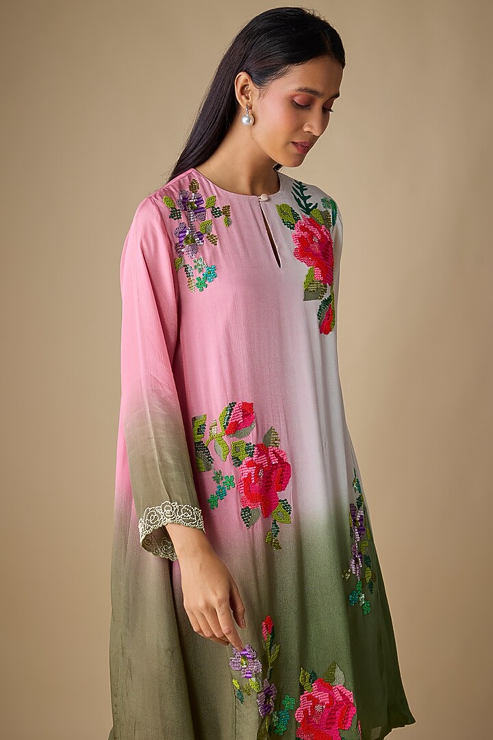 Multi-Colored Crepe Chiffon Floral Embroidered Kurta Set by Half Full Curve at Pernia's Pop Up Shop