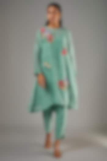 Blue Fine Chanderi Hand Embroidered Short Kurta Set by Half Full Curve at Pernia's Pop Up Shop