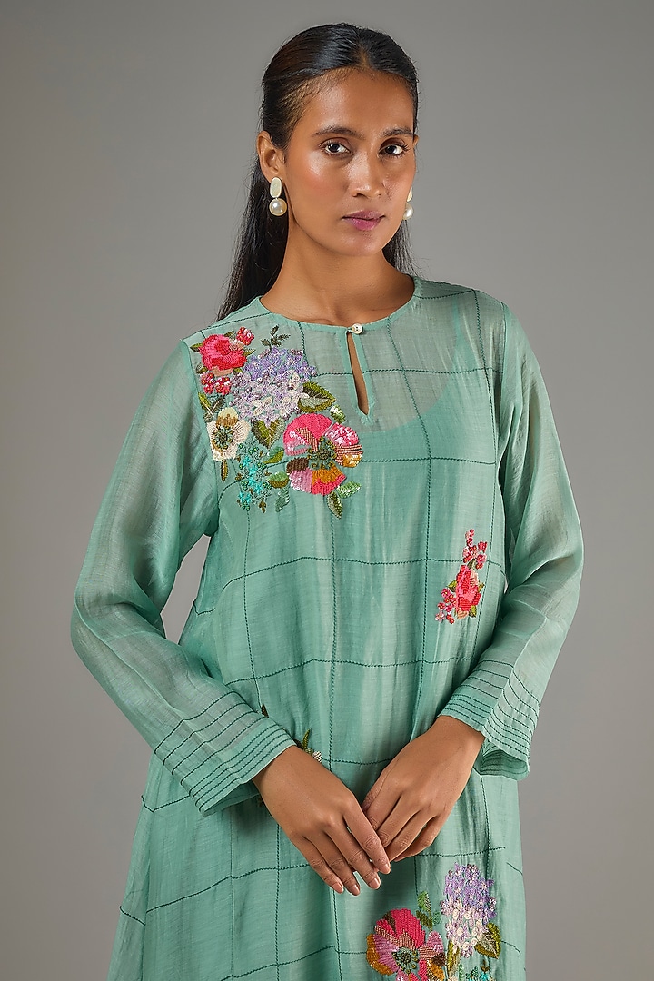 Blue Fine Chanderi Hand Embroidered Short Kurta Set by Half Full Curve at Pernia's Pop Up Shop