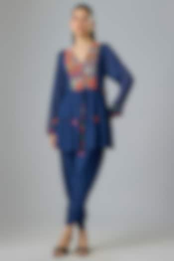Blue Crepe Chiffon Embroidered Kurta Set by Half Full Curve at Pernia's Pop Up Shop