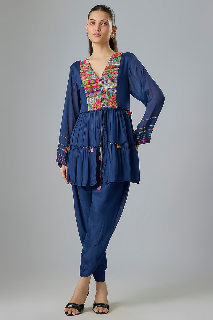 Blue Crepe Chiffon Embroidered Kurta Set by Half Full Curve at Pernia's Pop Up Shop