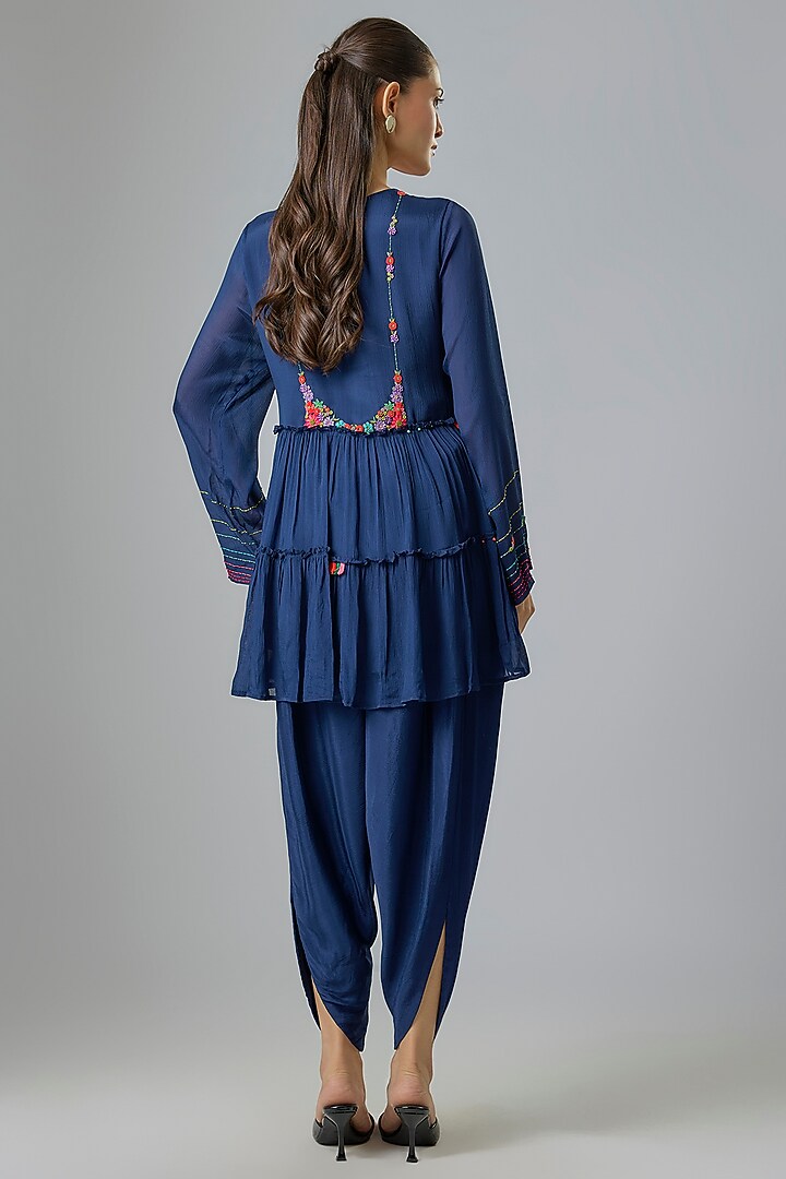 Blue Crepe Chiffon Embroidered Kurta Set by Half Full Curve at Pernia's Pop Up Shop
