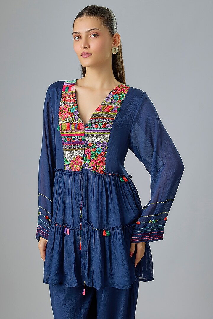 Blue Crepe Chiffon Embroidered Kurta Set by Half Full Curve at Pernia's Pop Up Shop