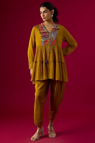 Yellow Crepe Chiffon Dhoti Set by Half Full Curve