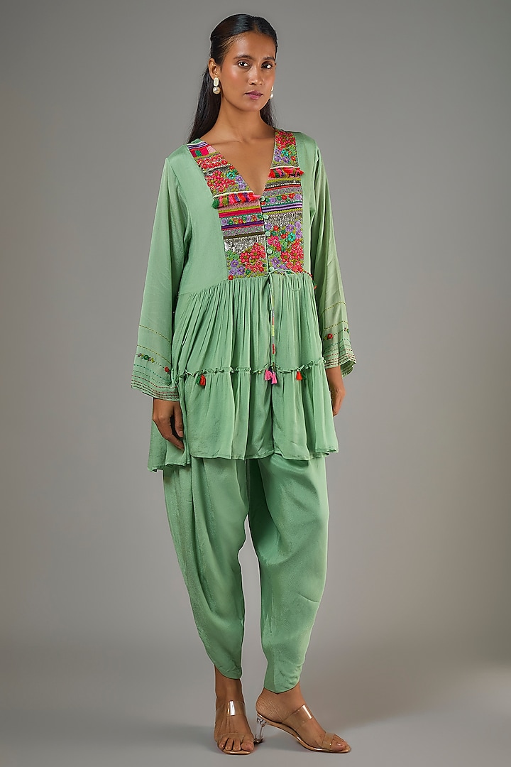 Green Crepe Chiffon Dhoti Set by Half Full Curve at Pernia's Pop Up Shop