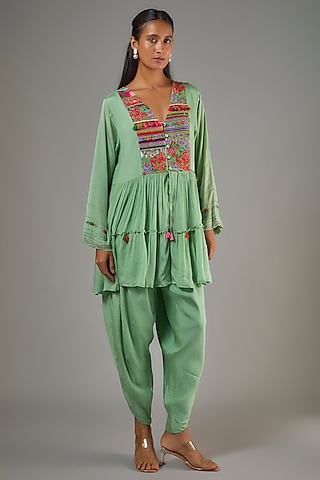 Green Crepe Chiffon Dhoti Set by Half Full Curve